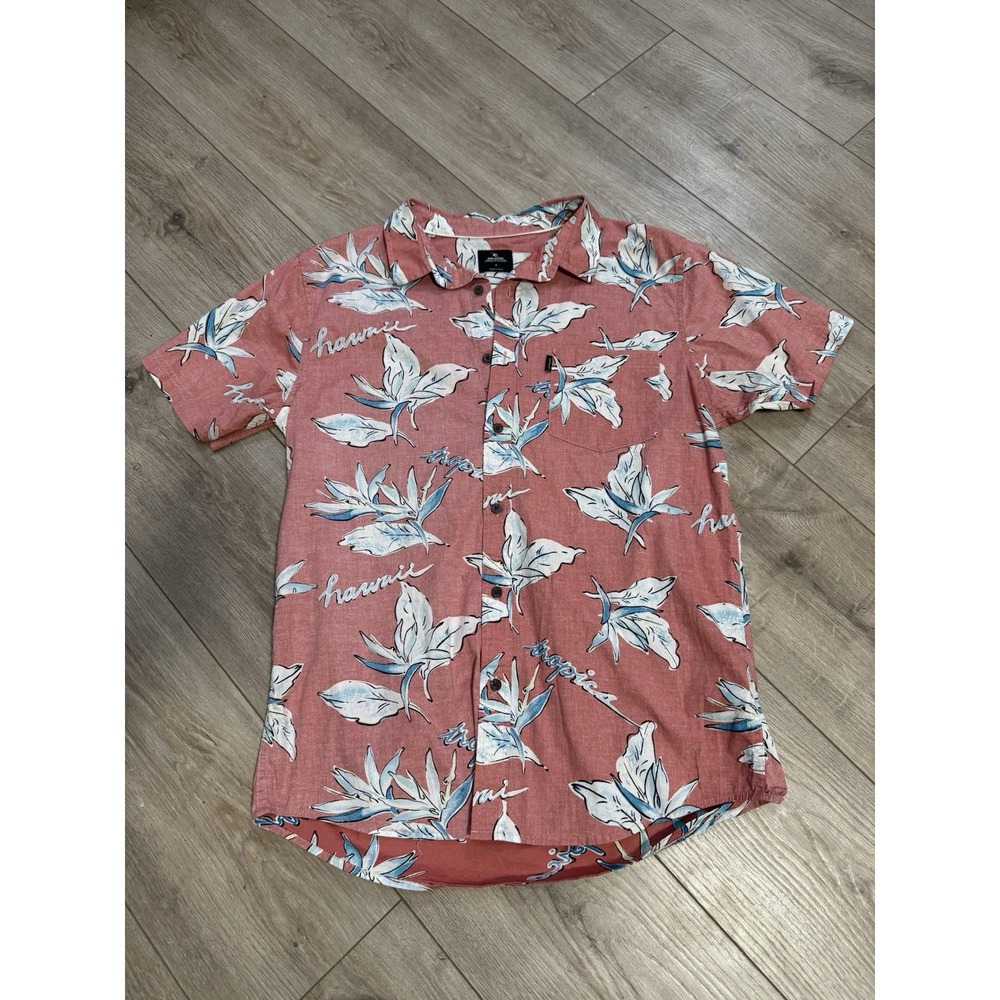 Men's Rip Curl Light Red‎ Reverse Print Button Down Floral Hawiian Shirt Size M